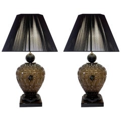 Vivarini 1970s Italian One-of-a-Kind Pair of Black and Smoked Murano Glass Lamps