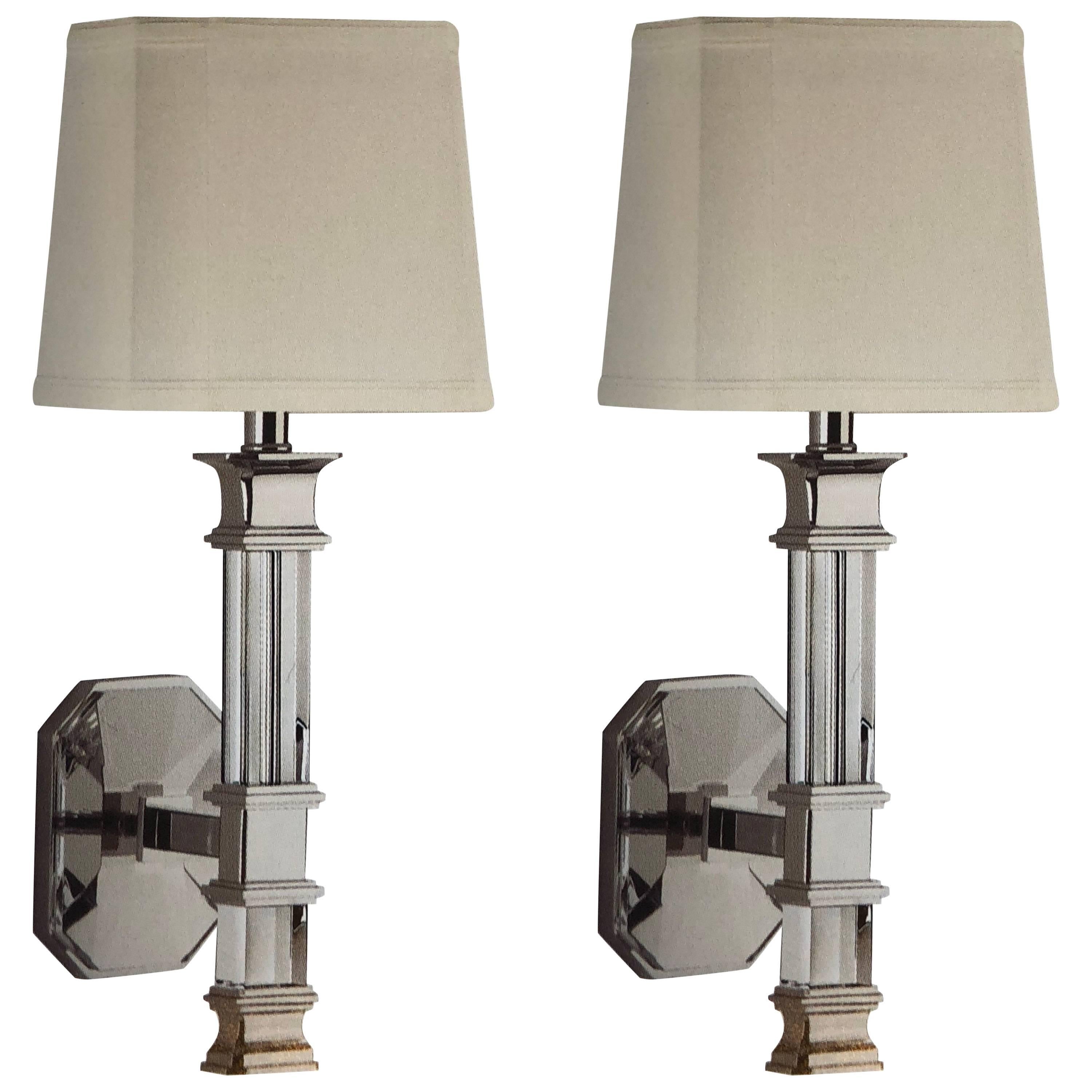 Pair of Italian Mid-Century Modern Style Solid Crystal & Polished Nickel Sconces