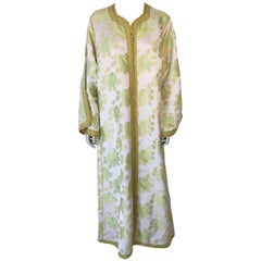Vintage Exotic Moroccan Caftan, 1970s Metallic Green Brocade Kaftan Maxi Dress