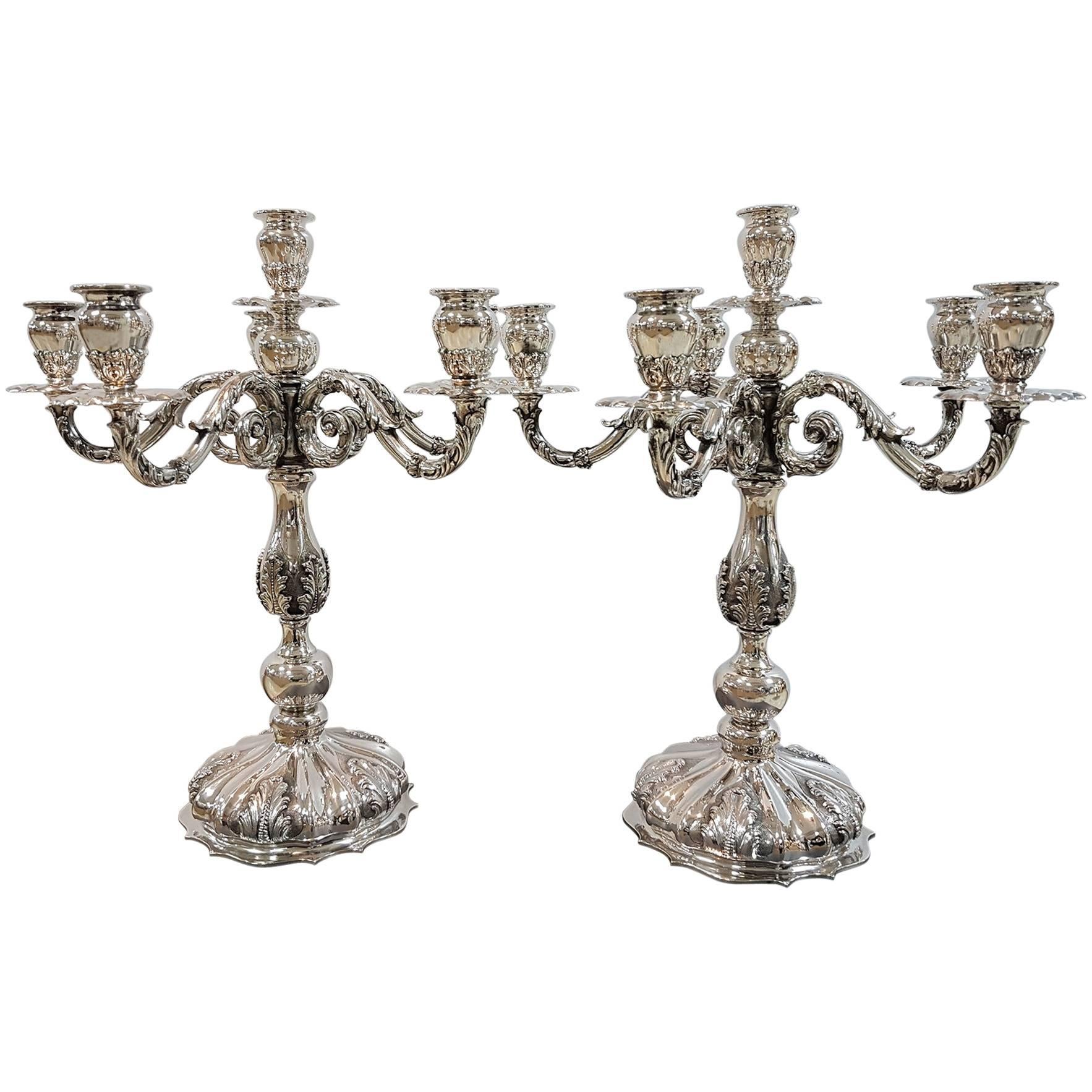 20th Century Pair of Italian Silver Baroque Revival Six-Lights Candelabras