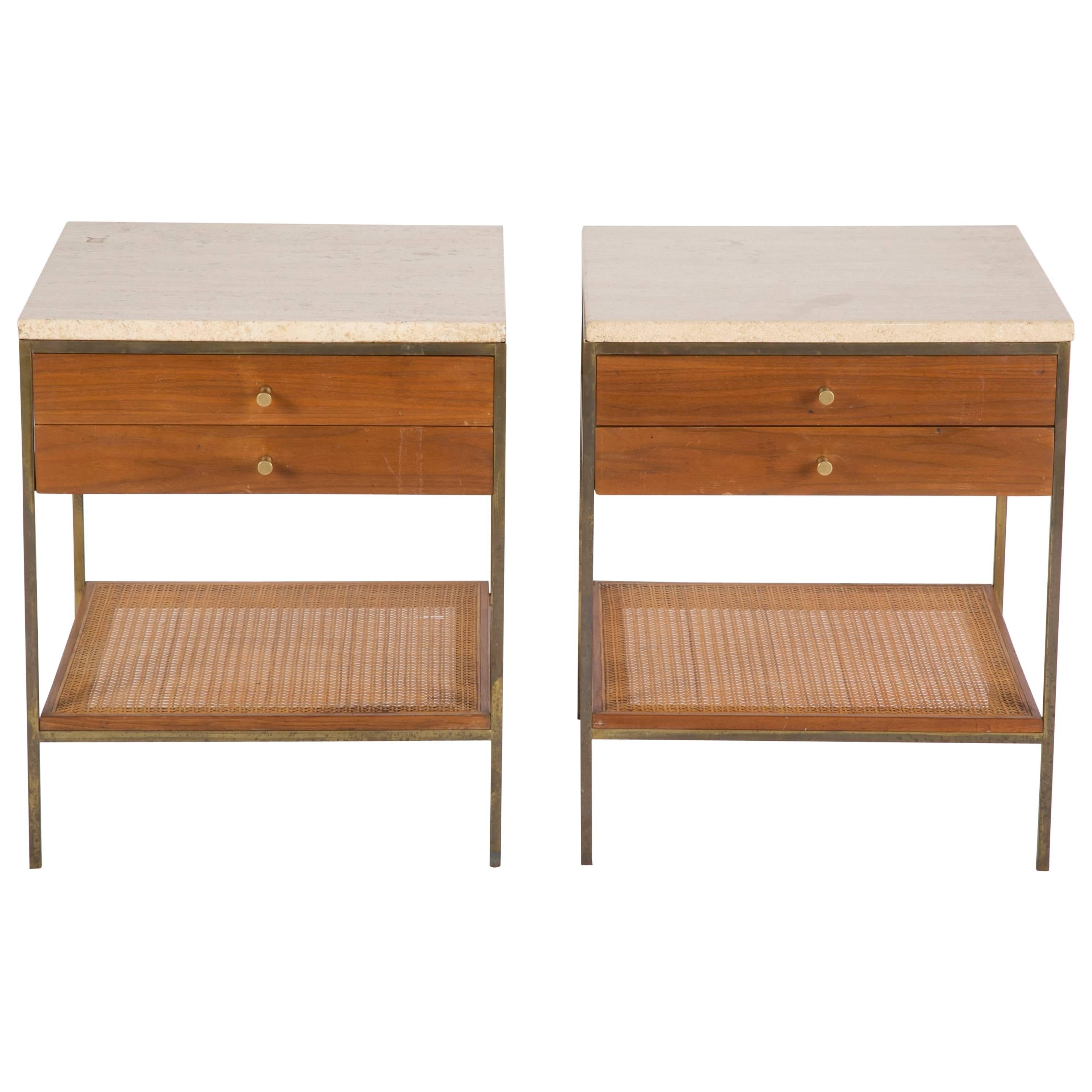 Pair of Paul McCobb Travertine Top Side Tables with Caned Shelves