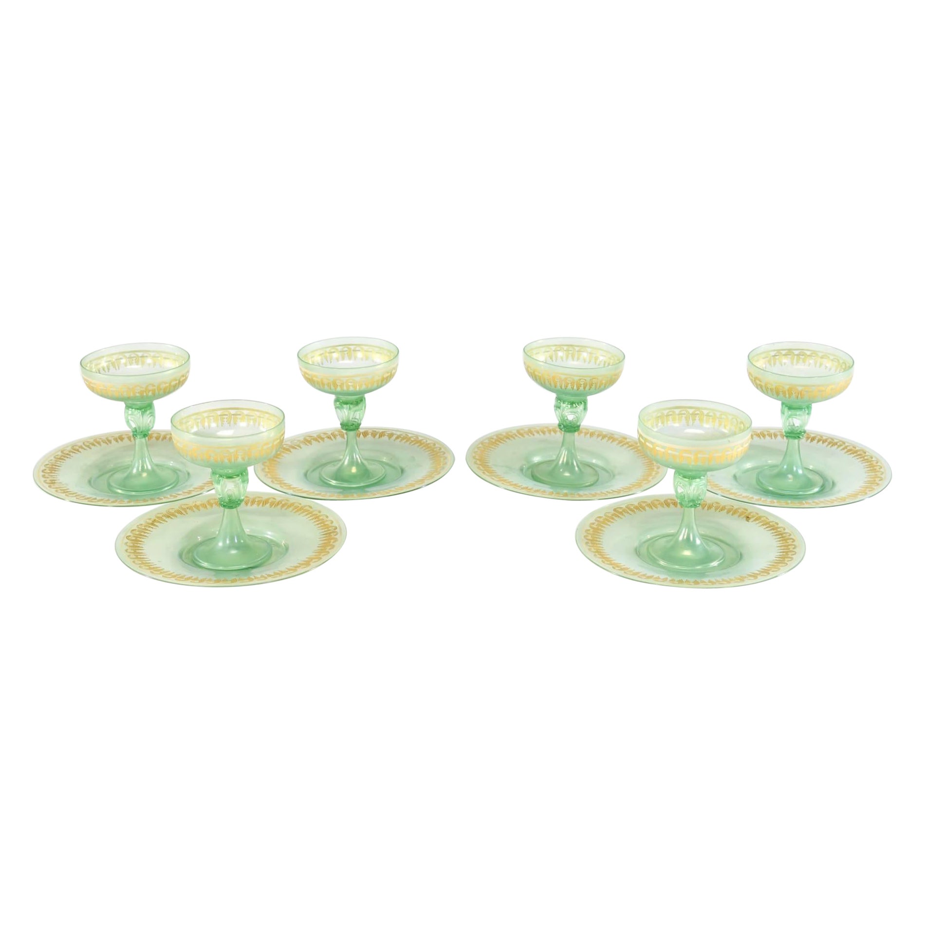 6 Iridescent Green Gold Enamel Venetian Footed Dessert Coupes & Underplates For Sale