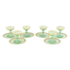 6 Iridescent Green Gold Enamel Venetian Footed Dessert Coupes & Underplates