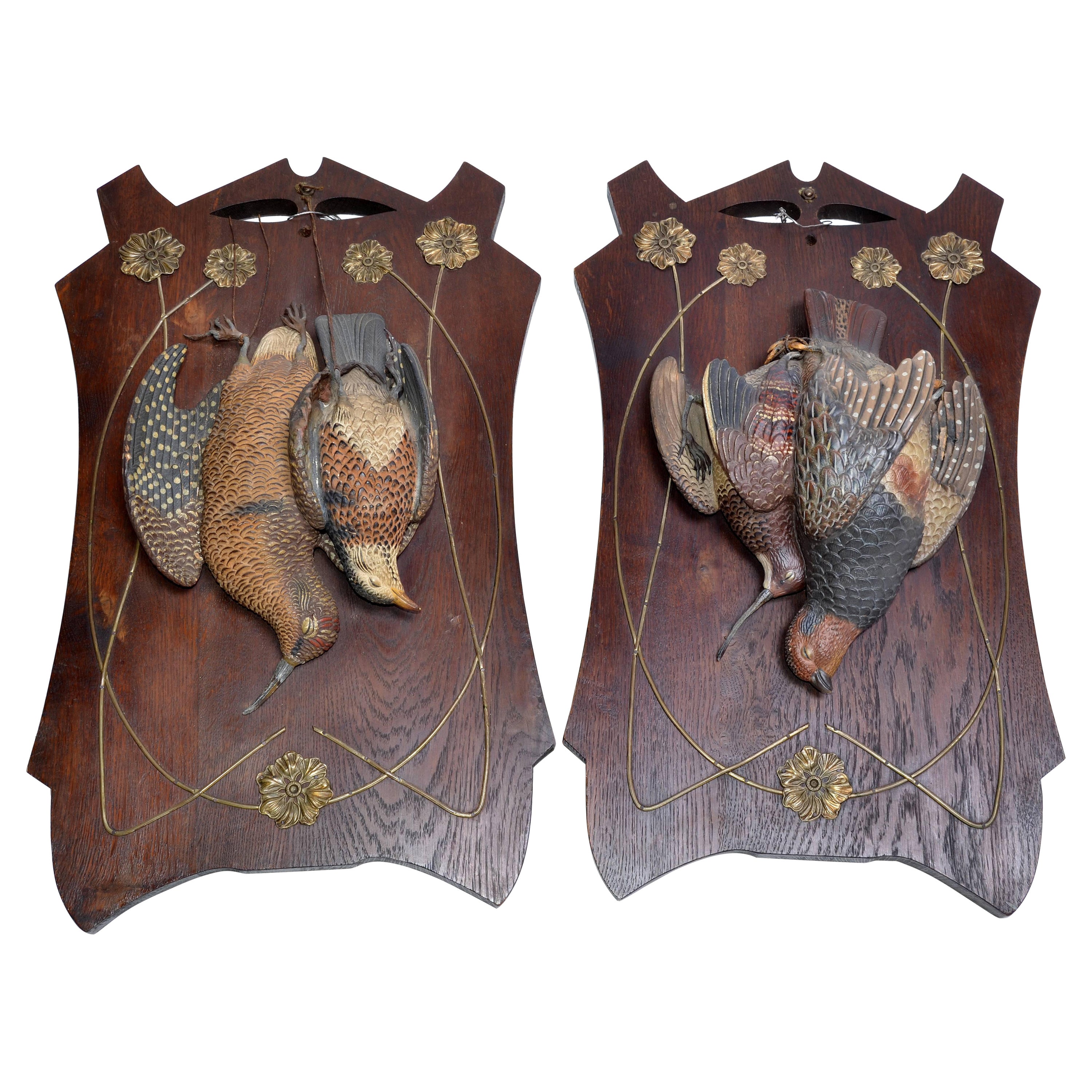 Two Antique Black Forest Terracotta Pheasant Birds Wall Plaque Fine Art Oak Wood For Sale