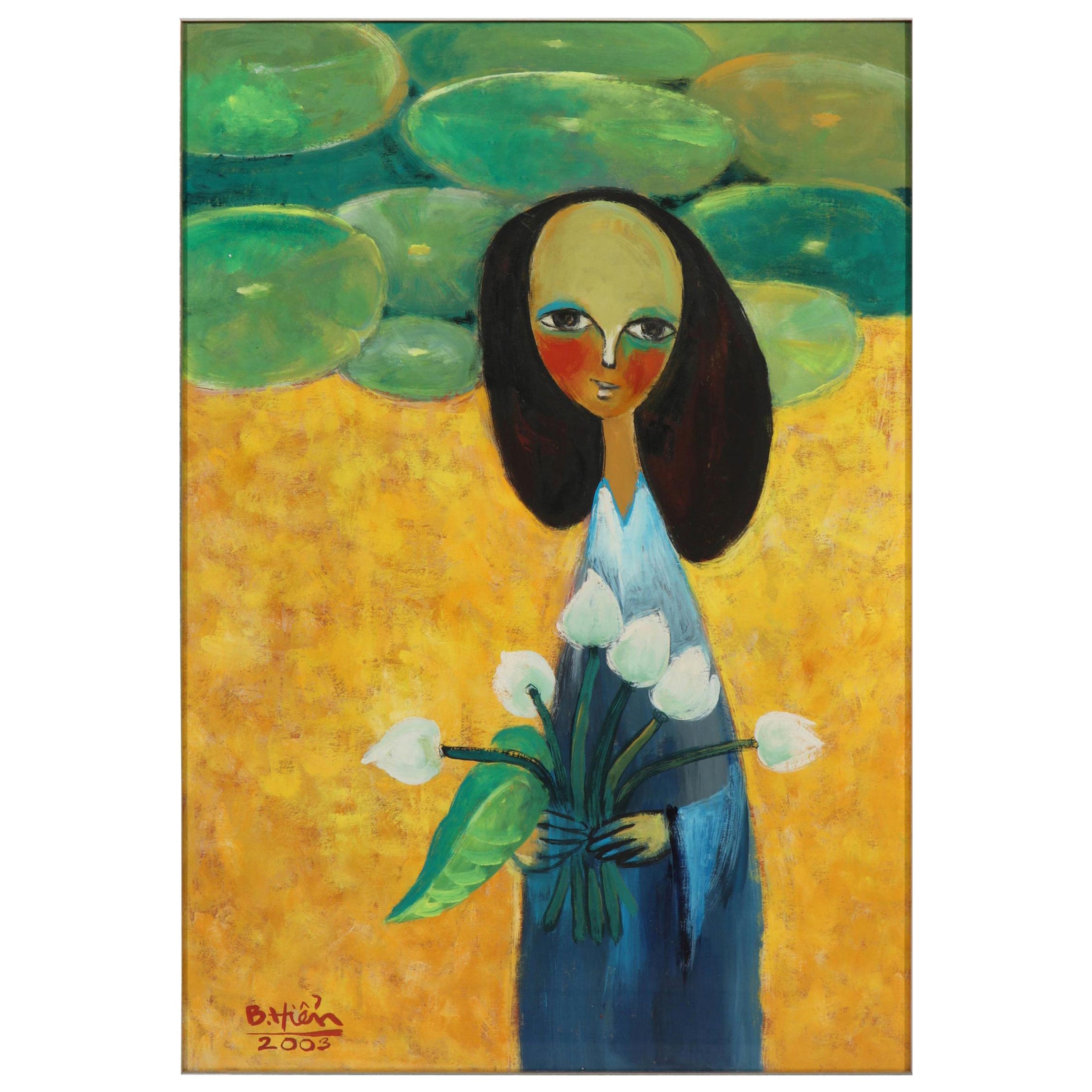 Gemälde einer Dame mit Blumen, grün, gelb und blau, auf Papier, Hanoi Künstler im Angebot