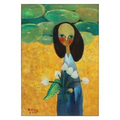 Peinture d'une femme avec des fleurs, vert, jaune et bleu, artiste de Hanoi, sur papier