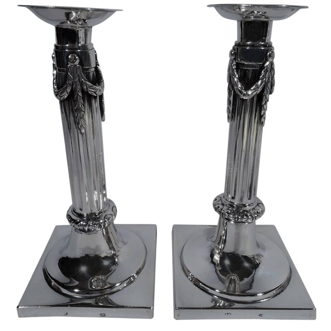 Pair of German Biedermeier Silver Classical Column Candlesticks