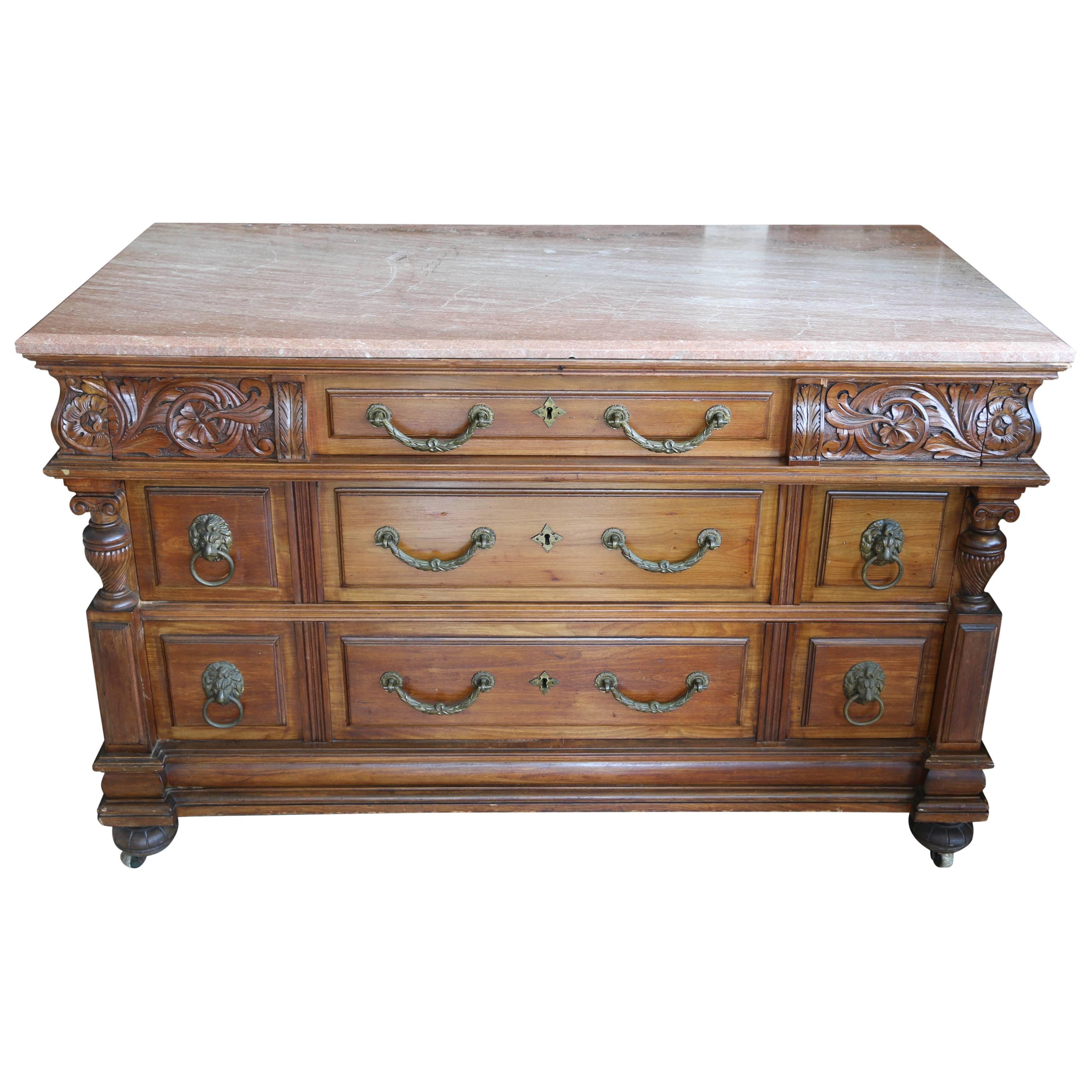 Superb 19th Century English  Revival Marble-Top Chest of Drawers in Walnut