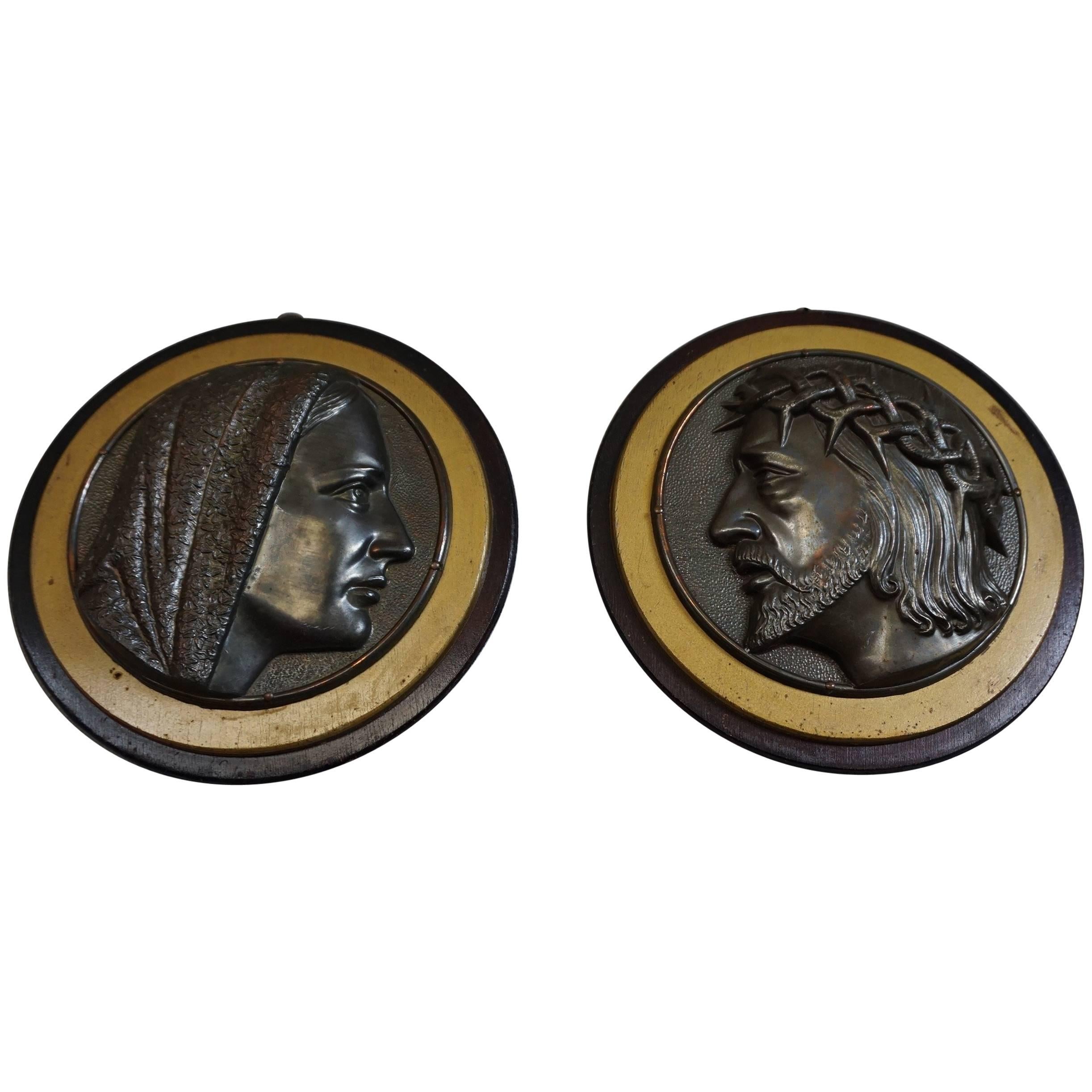 Pair of Early 1900s Brass & Wood Christ & Maria Circular Wall Plaque Sculptures For Sale