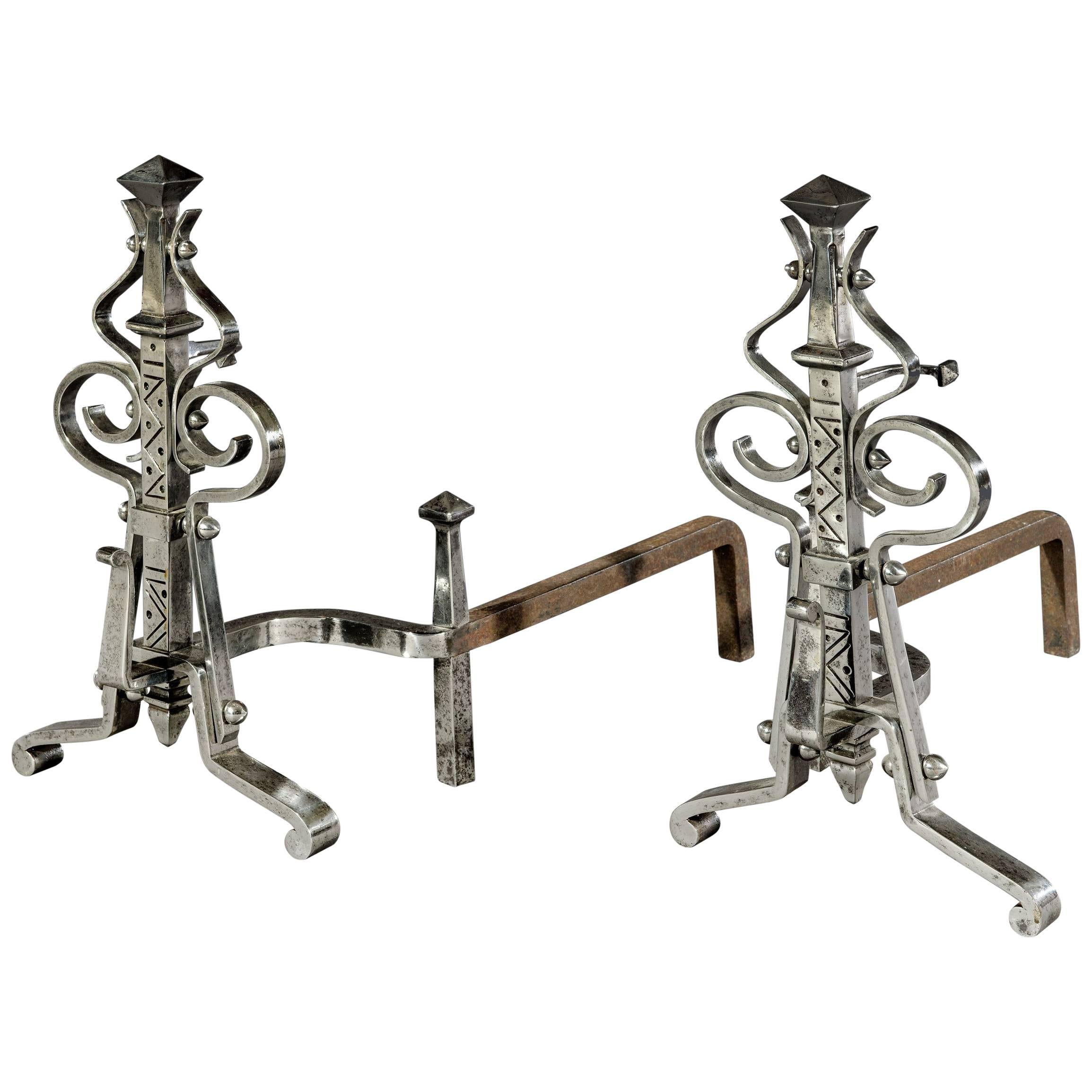 Pair of Late 19th Century Victorian Steel Aesthetic Movement Andirons For Sale