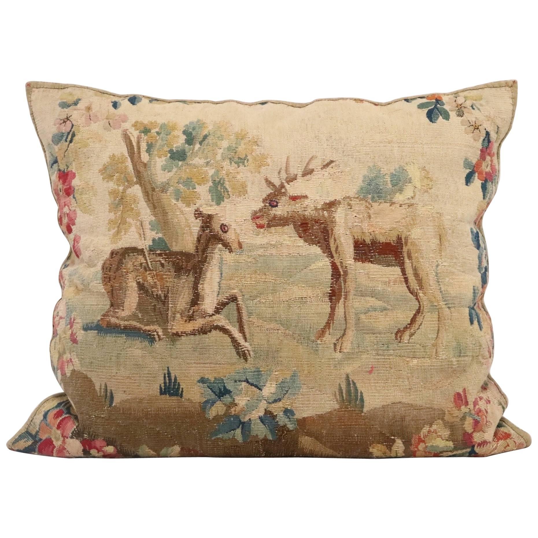 Flemish 17th Century Tapestry Pillow in Cotton and Silk