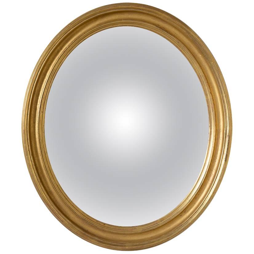 Small Gilt Oval Frame with Handk Drawn Deep Convex Mirror For Sale