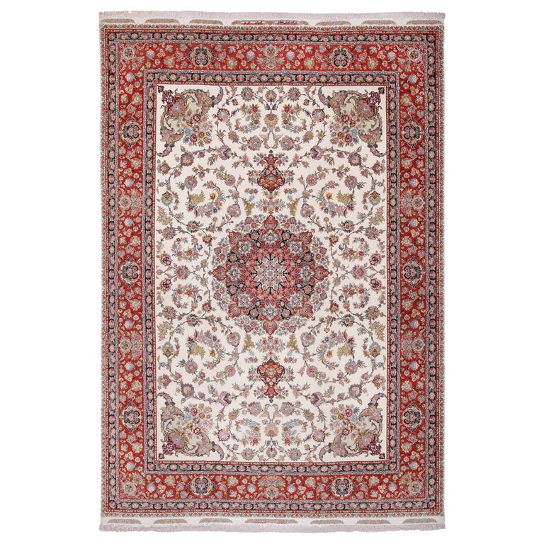 Silk and Wool Large Geometric Vintage Tabriz Persian Rug For Sale at