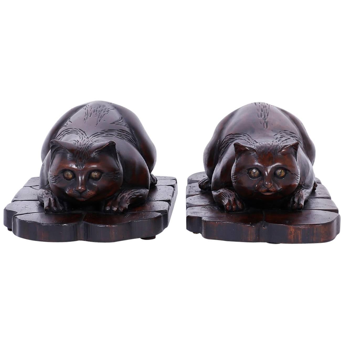 Two Carved Wood Cat Sculptures