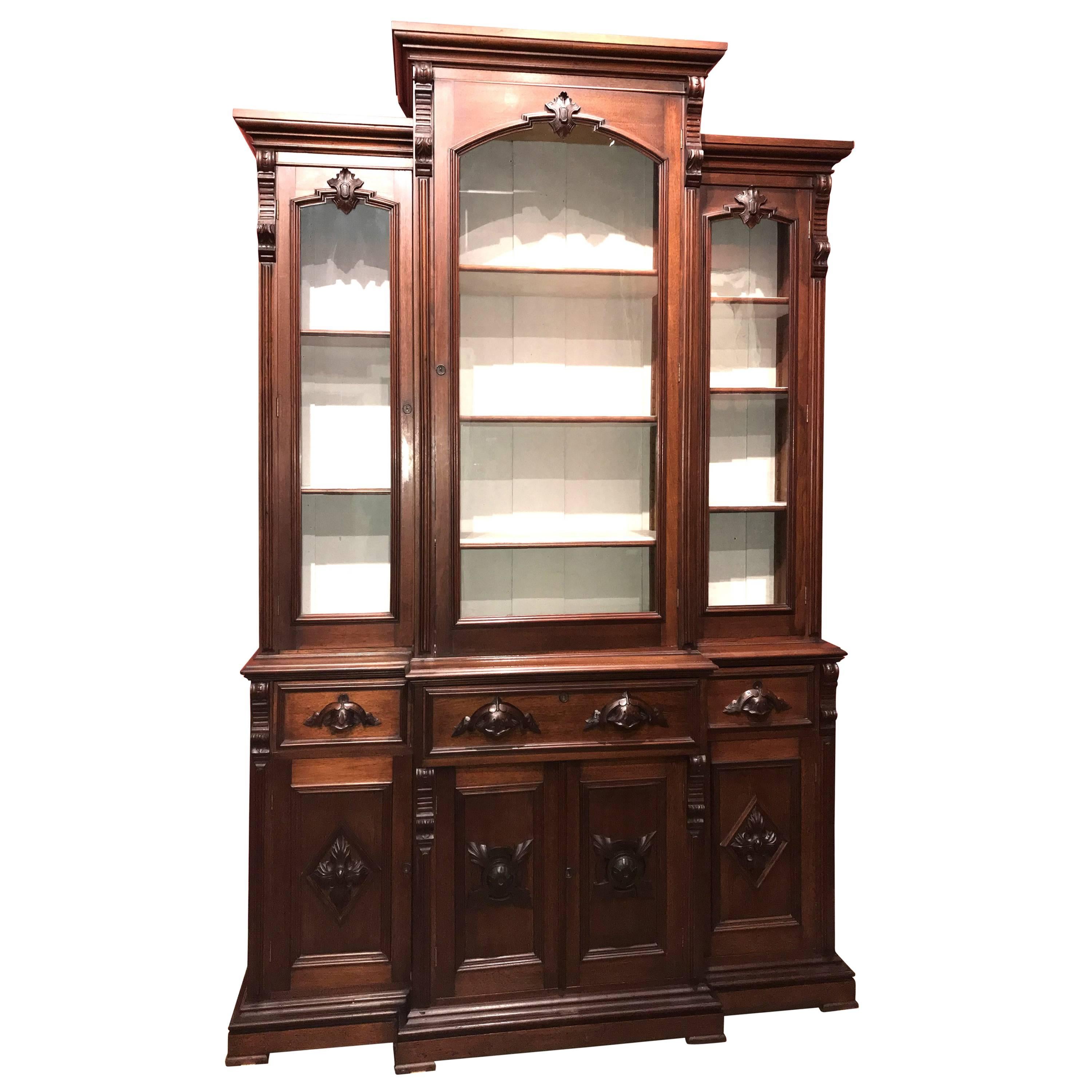 Renaissance Revival Victorian Glazed and Carved Walnut Cabinet or Bookcase