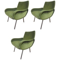 One, Two or Three Original Midcentury Marco Zanuso Lady Chairs in Green Velour