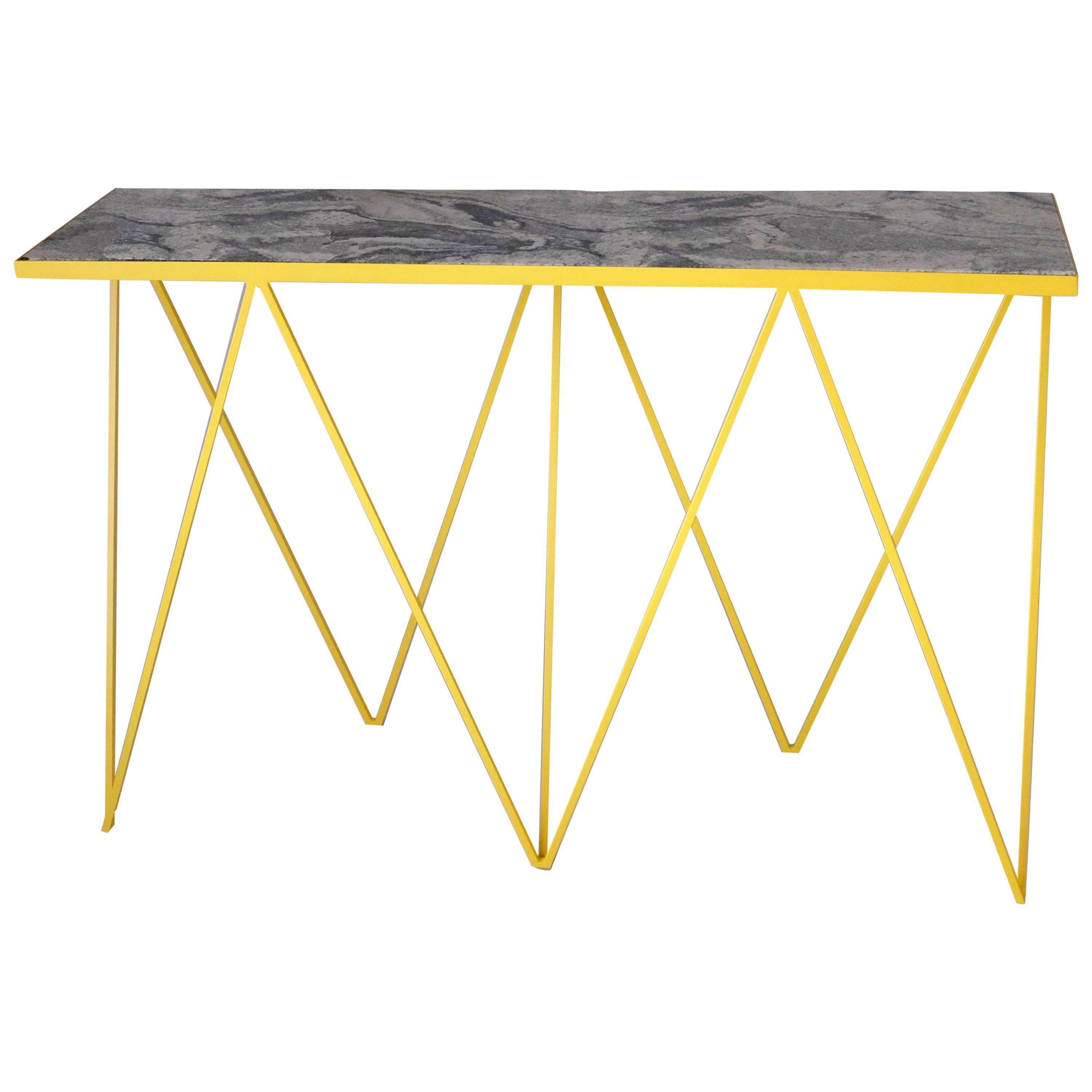 Yellow Modern Steel Console Table with Unique Granite Top Customizable