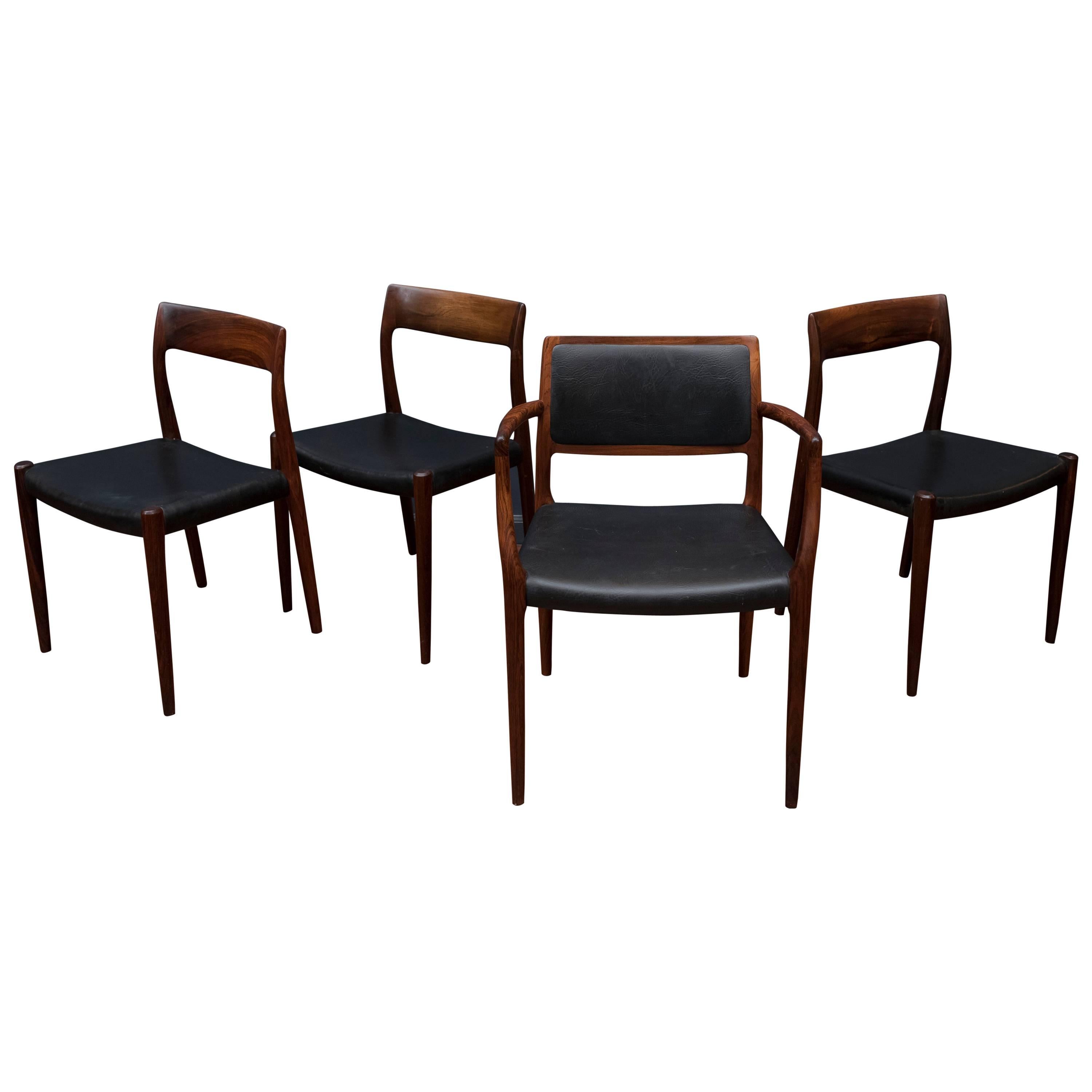 Eight Niels O. Møller Model 80 and 77 Rosewood Dining Chairs