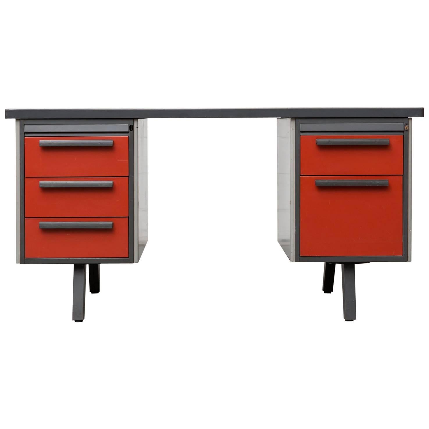 Midcentury Industrial Metal Desk with Red Drawers by Strafor