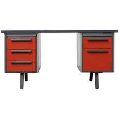 Midcentury Industrial Metal Desk with Red Drawers by Strafor