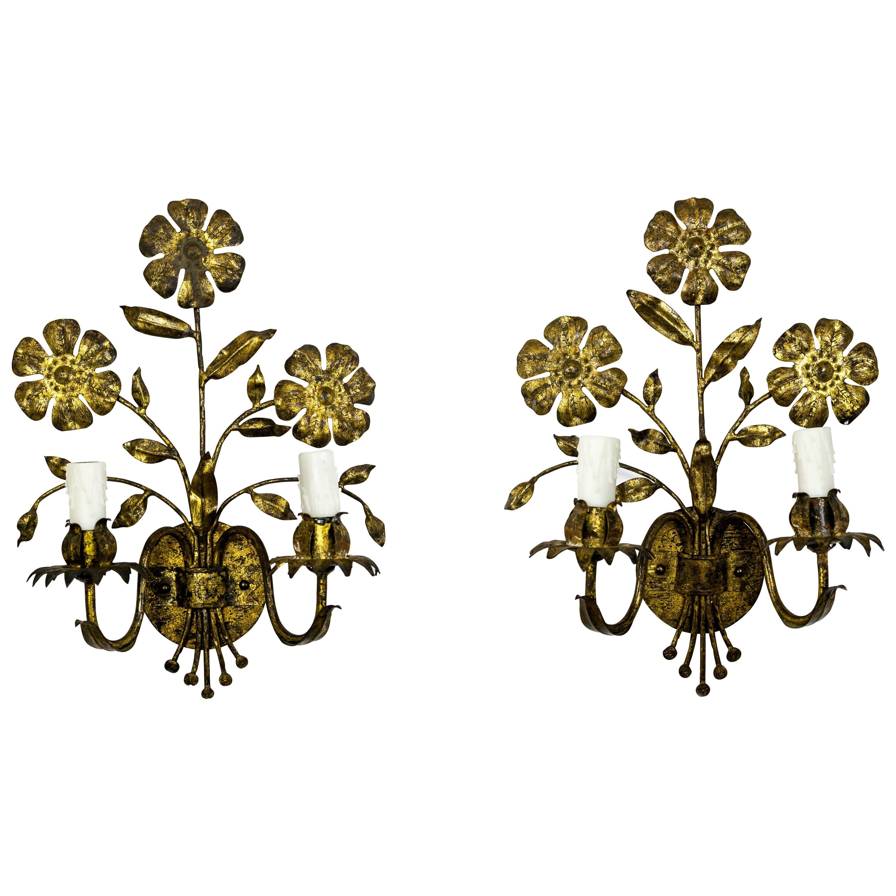 Italian Gilded Floral Candelabra Sconces, Pair