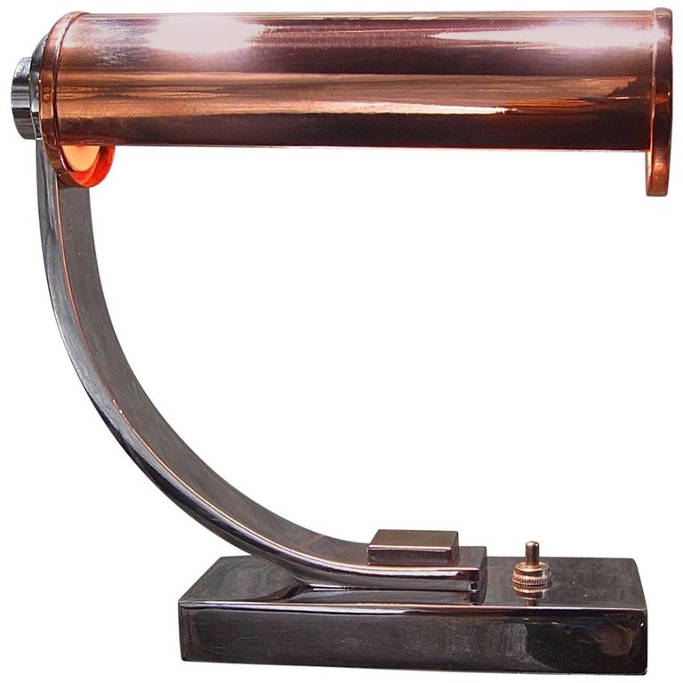 Gilbert Rohde Machine Age Art Deco Chrome and Copper Table Desk Lamp at