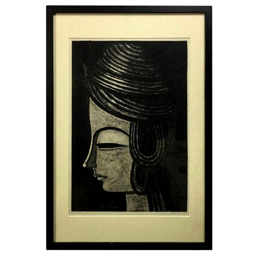 Haku Maki Signed Large Embossed Limited Edition Woodblock Print Work 7464 Woman For Sale at 1stDibs