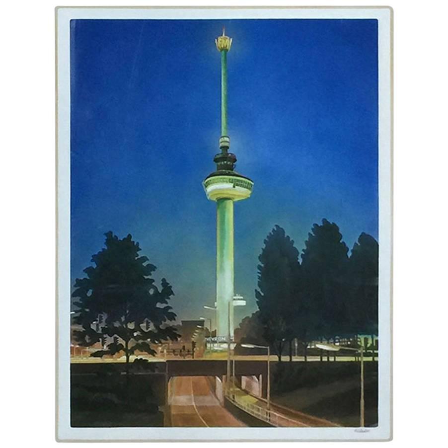 Bob Lens '1939', Euromast by Night, Rotterdam 1975, Oil on Canvas For Sale