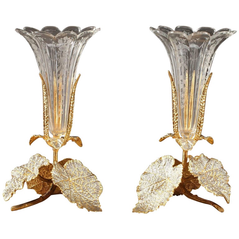 Early 20th Century Pair of Vases in Glass, Gilt and Silvered Brass For