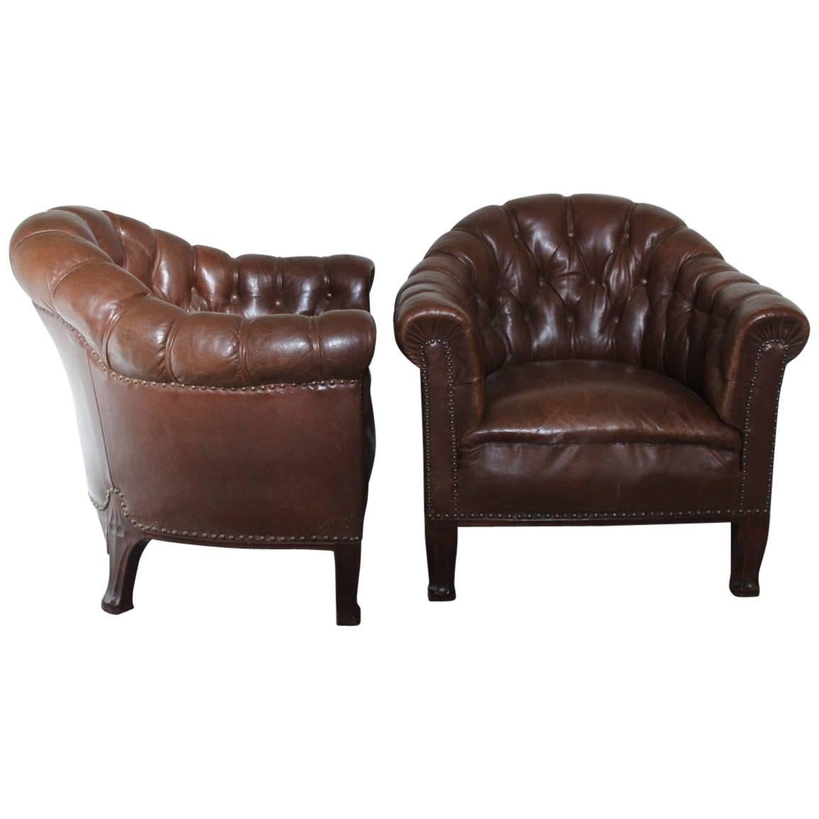 Unusual Pair of French Buttoned Leather Armchairs