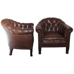 Unusual Pair of French Buttoned Leather Armchairs