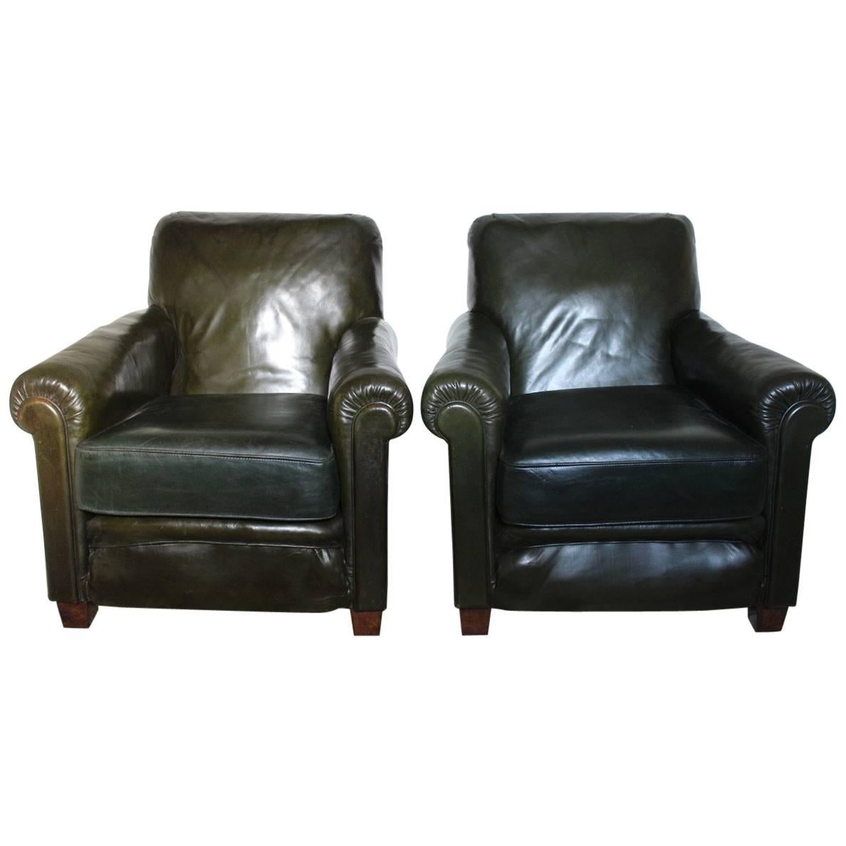 Pair of 1940s Vintage Green Leather Armchairs