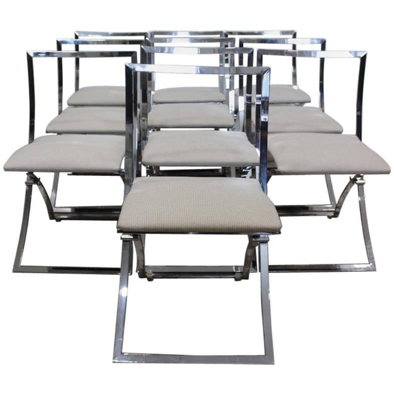 Stylish Set of Ten 1970s Italian Chrome Dining Chairs For Sale