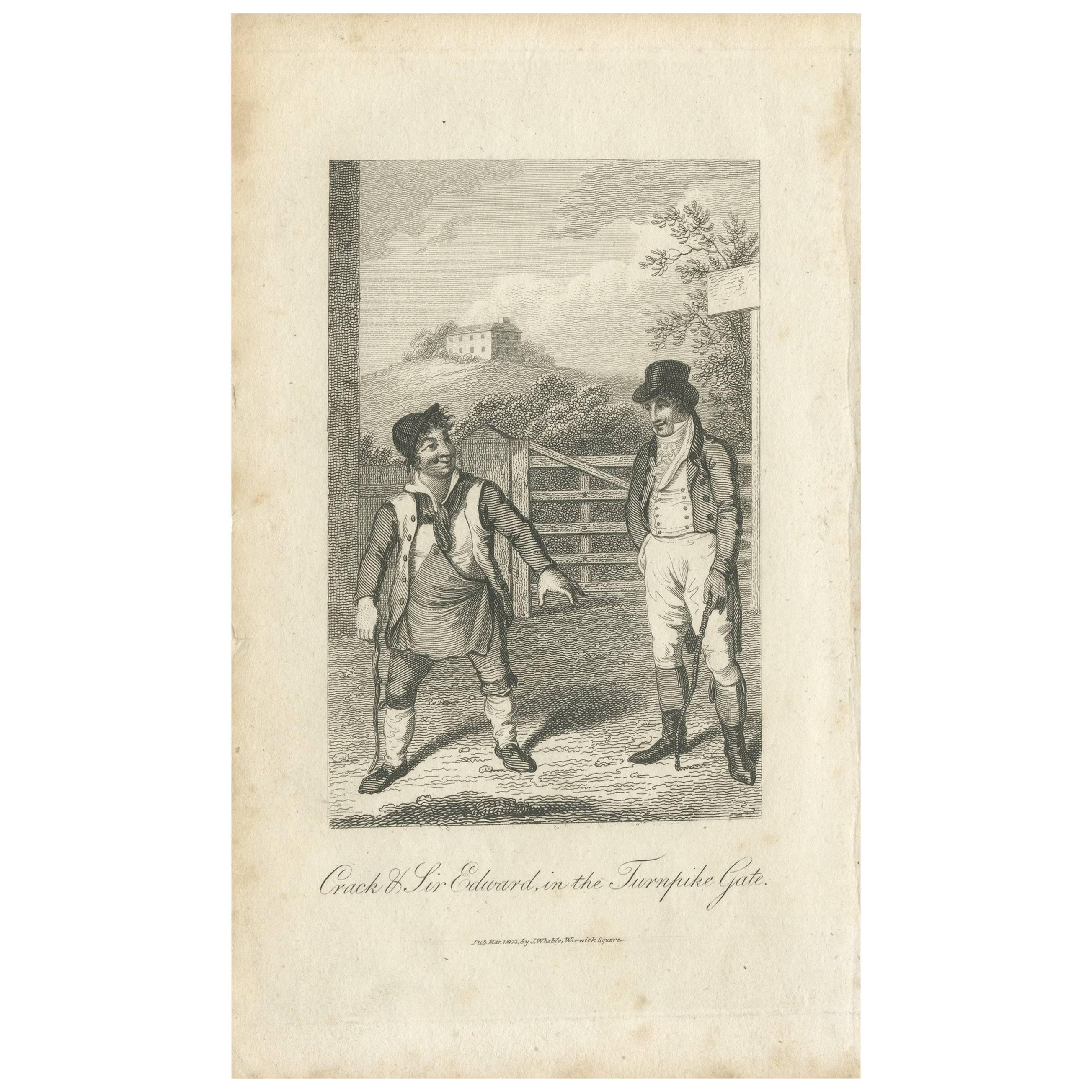 Antique Print of Crack and Sir Edward in the Turnpike Gate by J. Wheble, 1803 For Sale