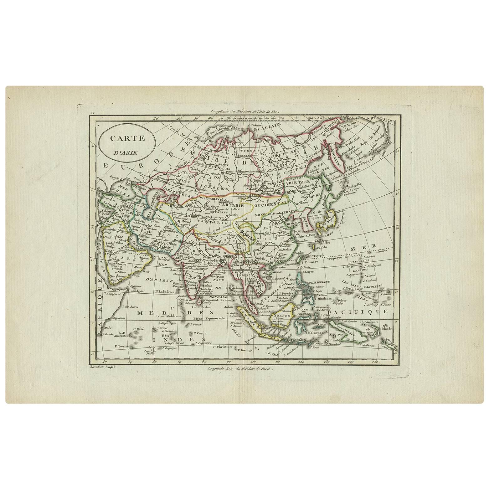 Carte ancienne d'Asie par A. Blondeau, datant d'environ 1800 en vente