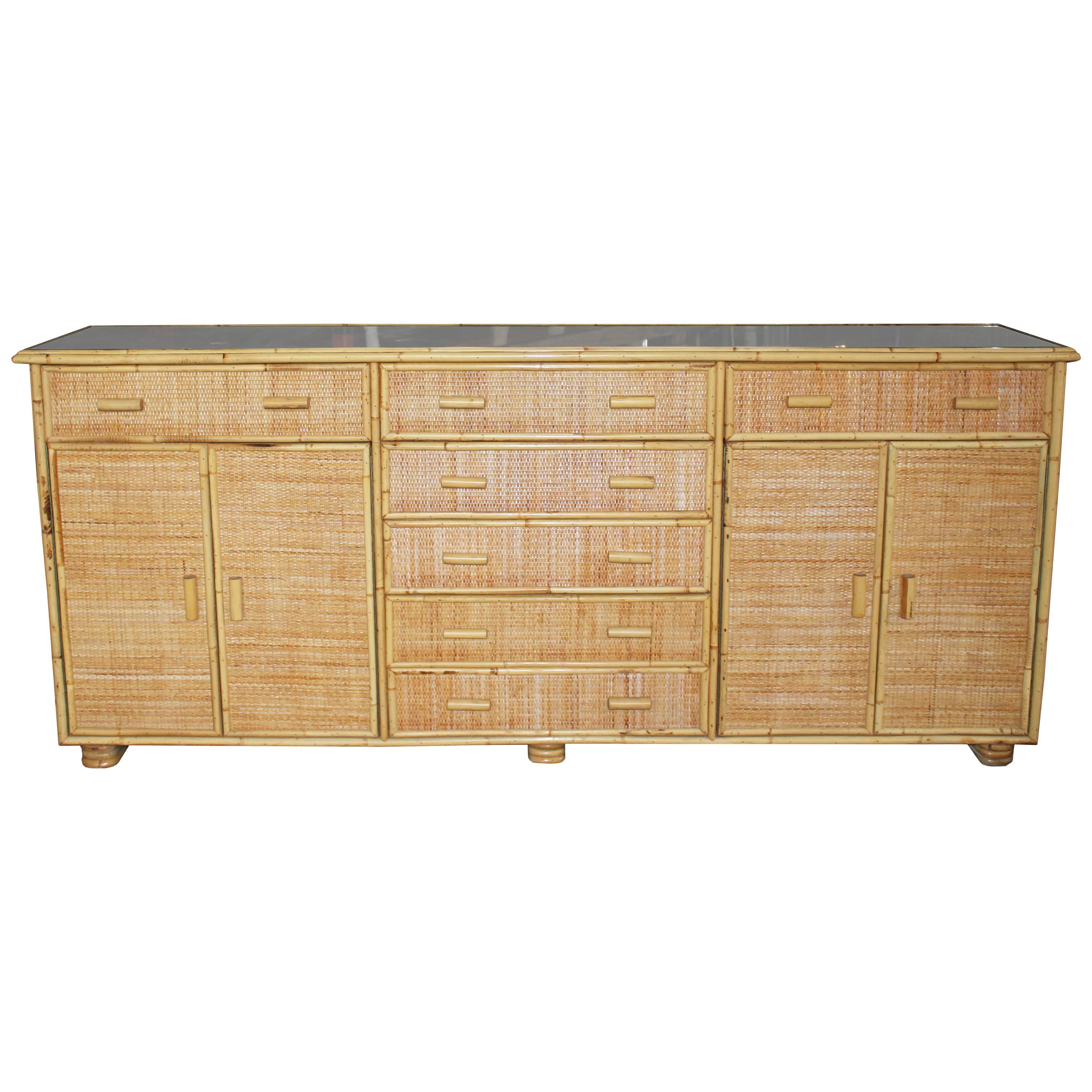 1970s Bamboo and Laced Wicker Long Console Cabinet