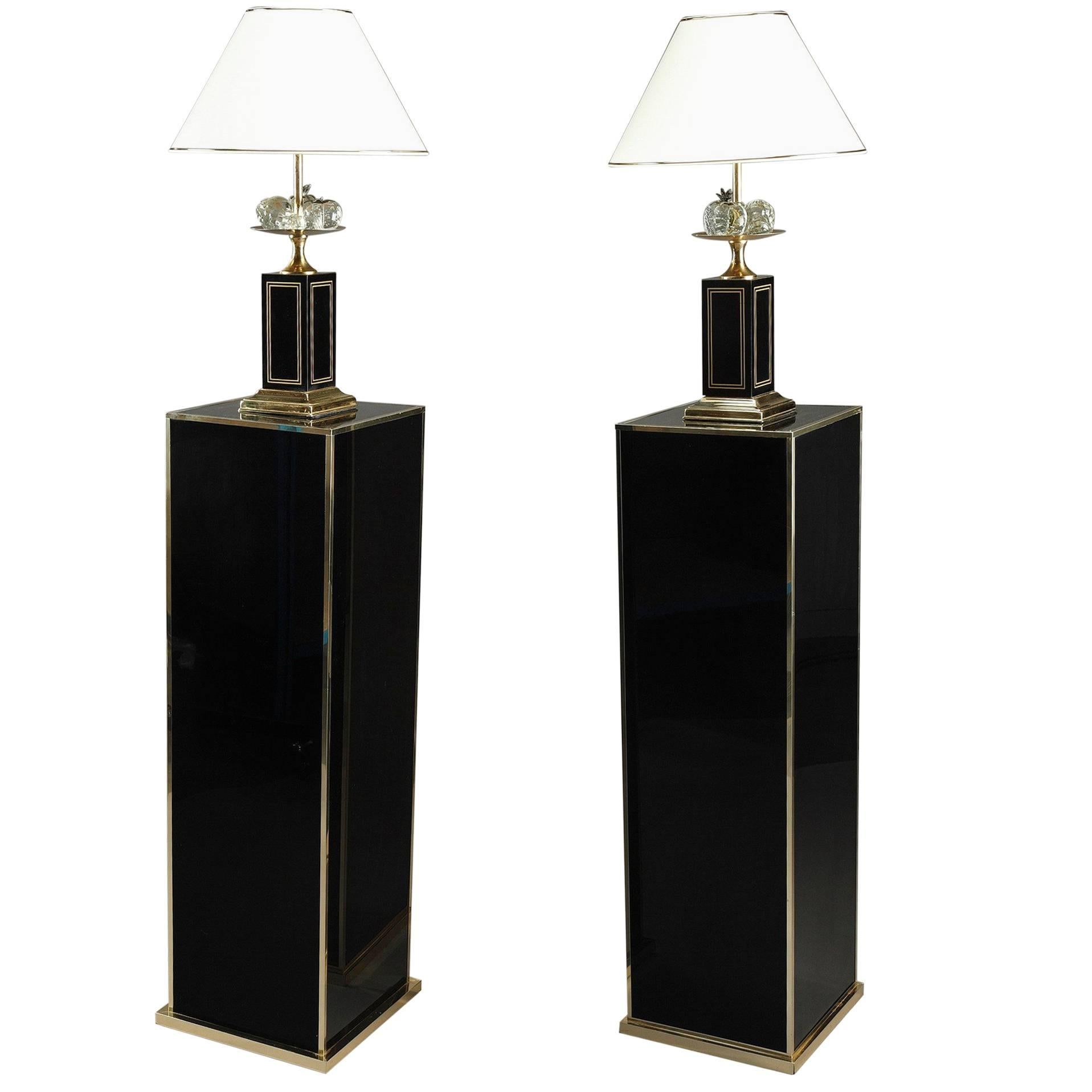 20th Century Pair of Black Melamine and Laminate Columns and Lamps