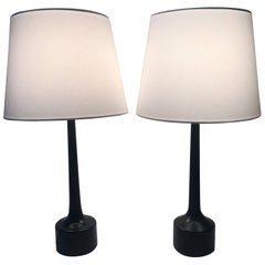 Vintage Pair of Swedish Hans-Agne Jakobsson Black Lacquered Wooden Table Lamps, 1955