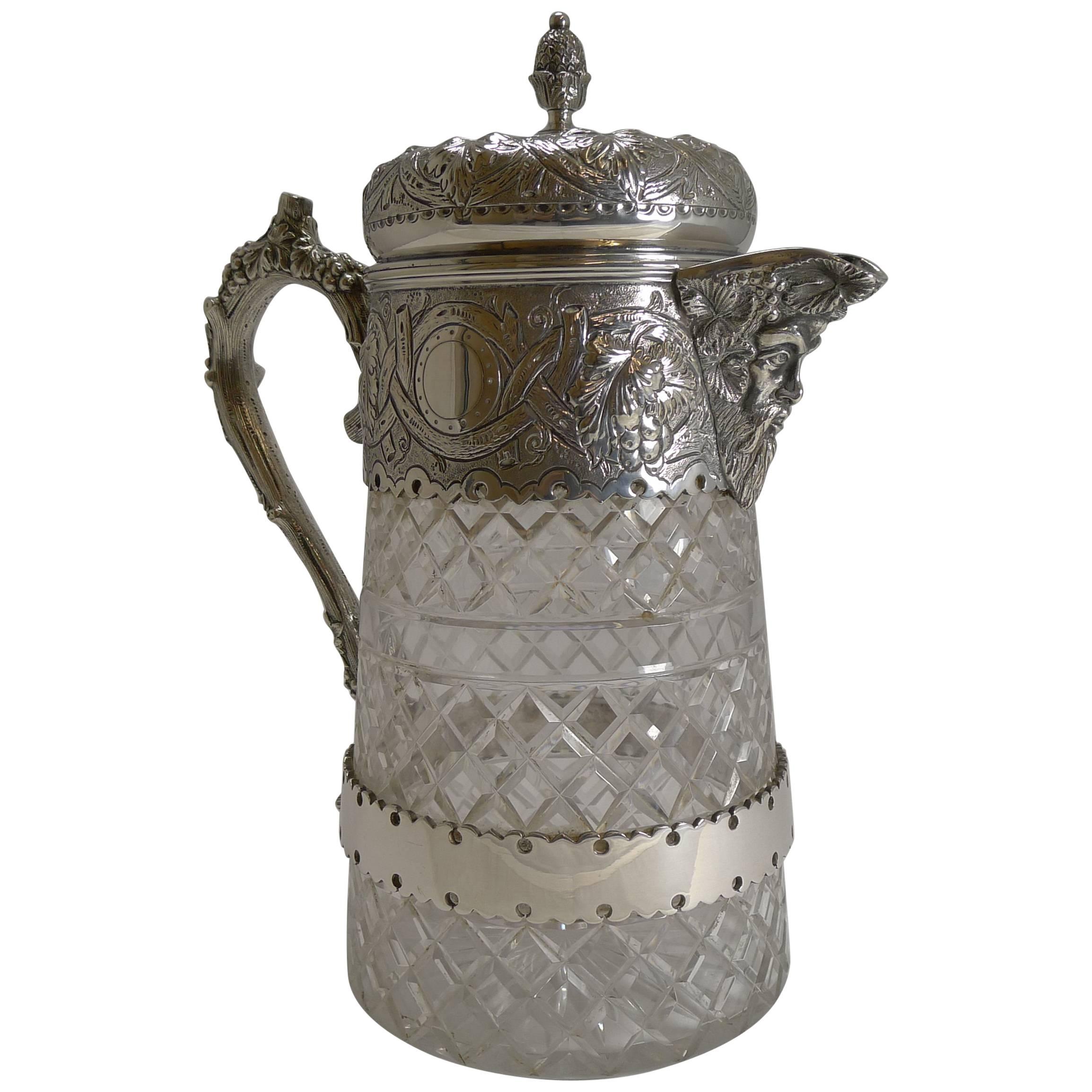 Antique English Cut Crystal and Silver Plate Wine Jug For Sale