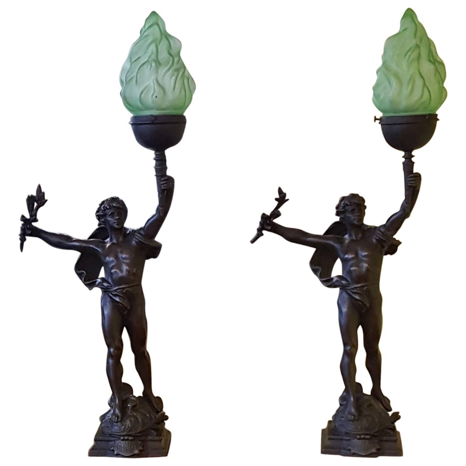 Pair of French Spelter Figural Table Lamps