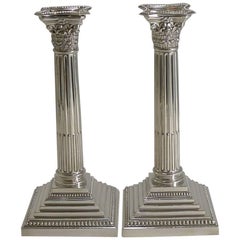 Classic Pair of Silver Plate Corinthian Column Candlesticks by Elkington, 1929