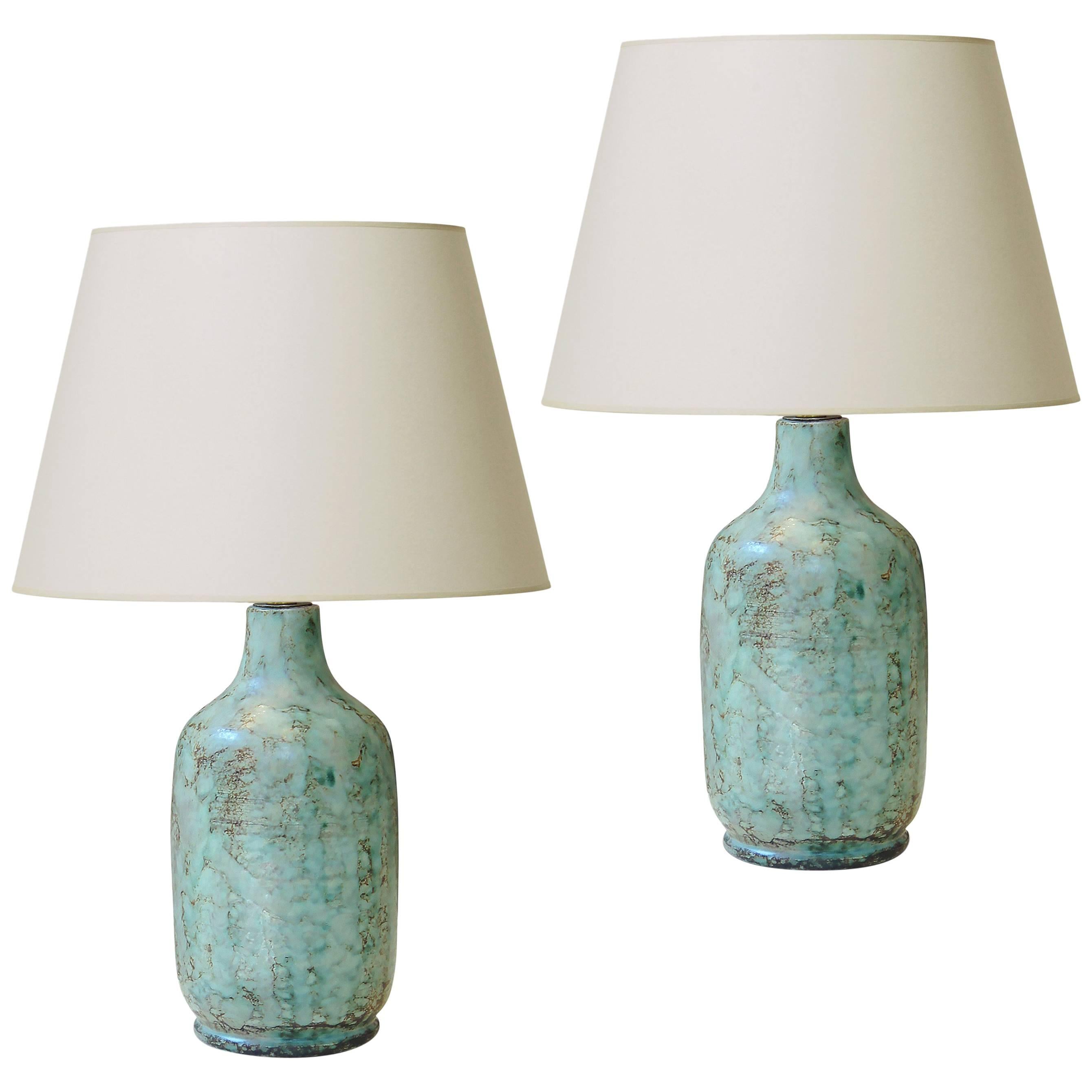 Pair of Table Lamps with Stylish Green Tint Enameling by Vallauris Ceramist For Sale