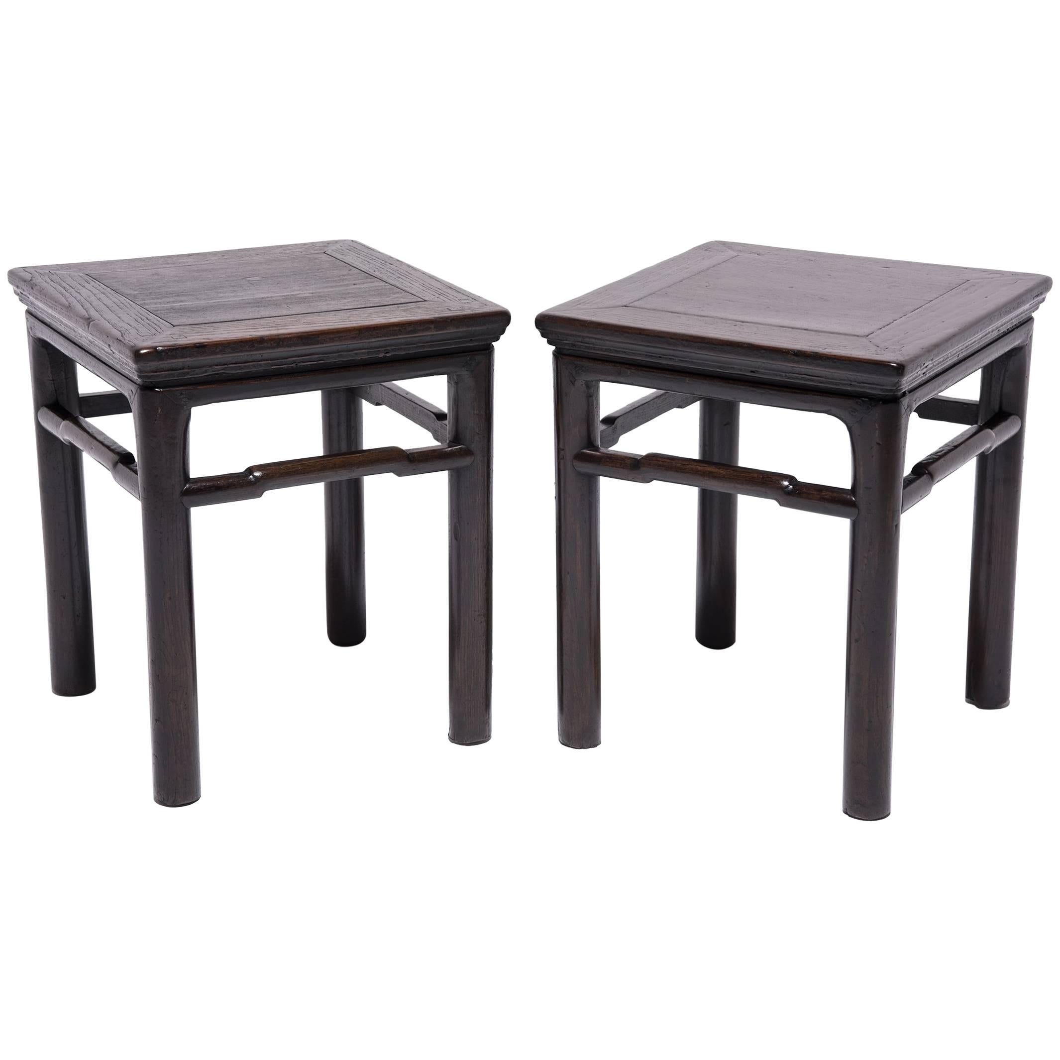 Pair of Mid-19th Century Chinese Square Stools with Humpback Stretchers
