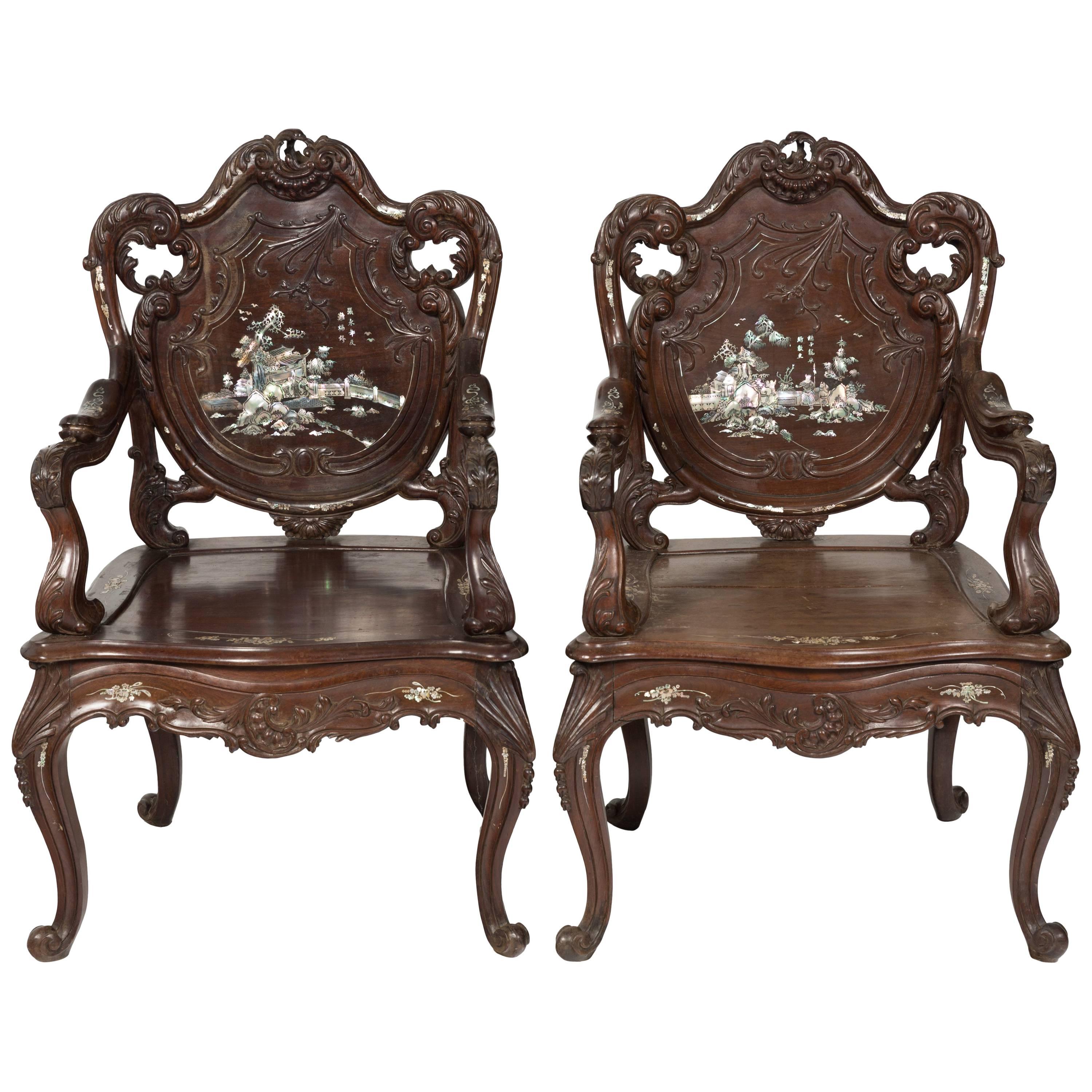 Pair of 1960s Asian Carved Rosewood Chairs with Mother-of-Pearl Inlay