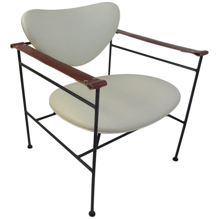 Luther Conover Leather Chair with Strap Arms on Wrought Iron Frame at