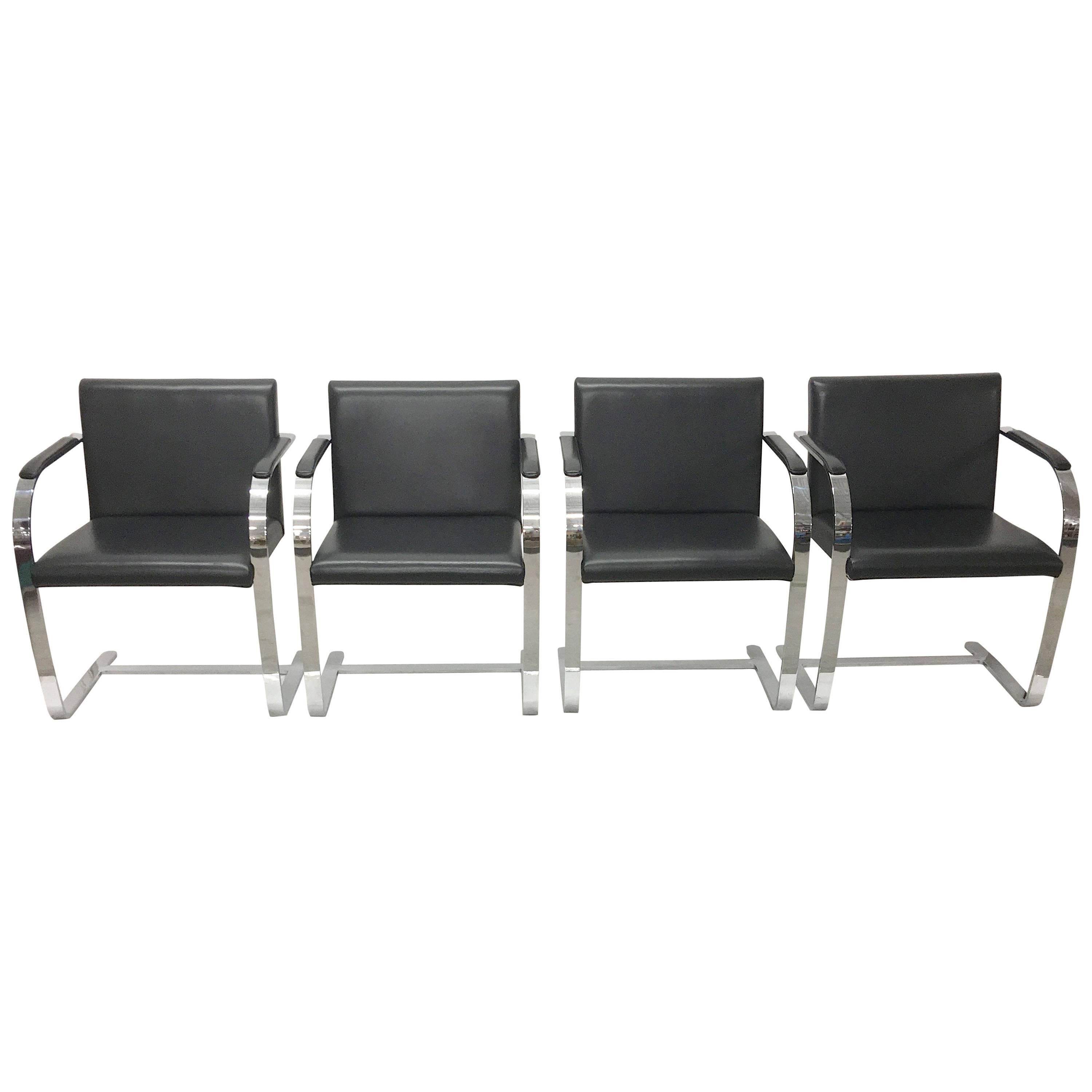 Set Four Mies Van Der Rohe for Knoll Brno Chairs Black Leather Flat Bar Chrome