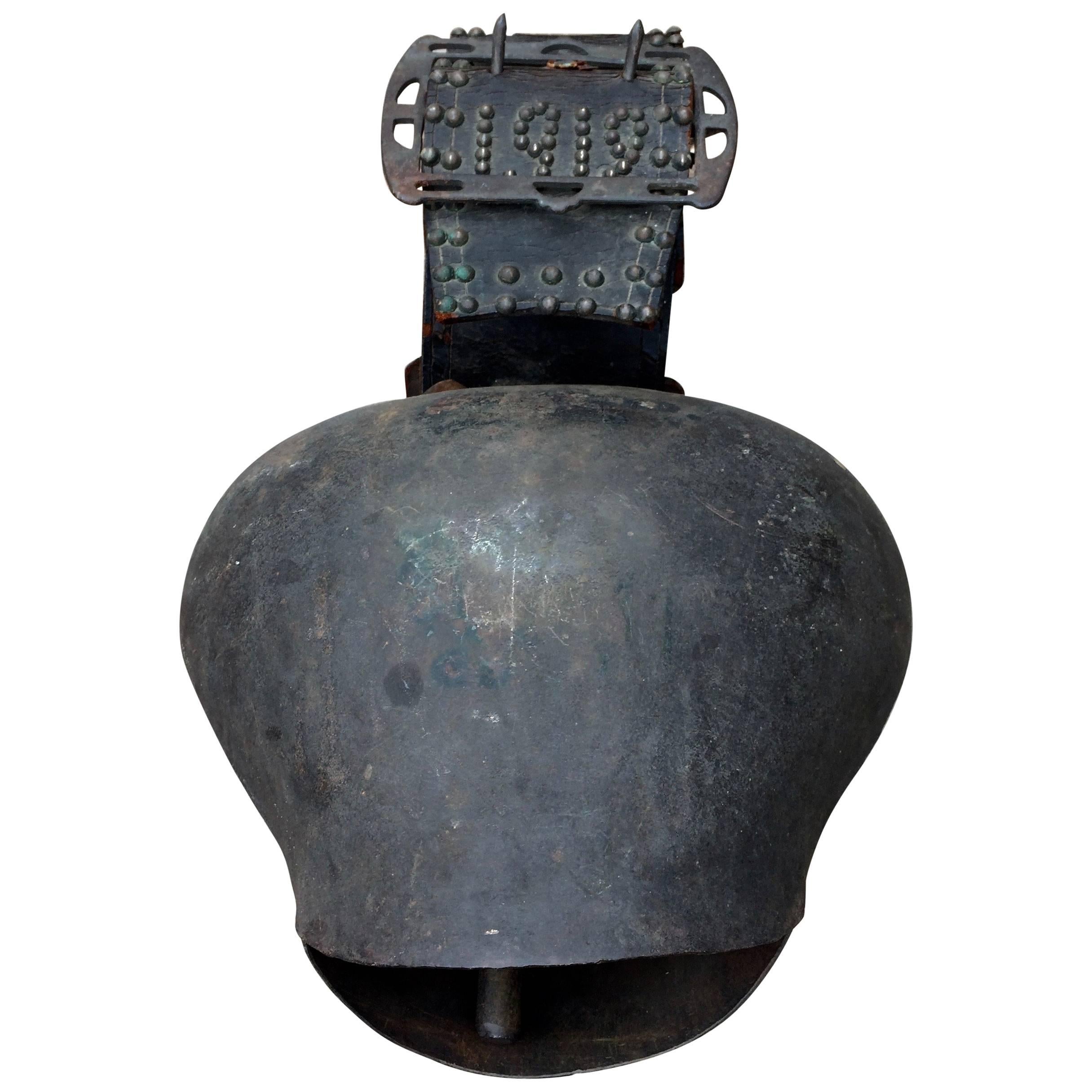 Huge Antique Leather and Metal Cow Bell