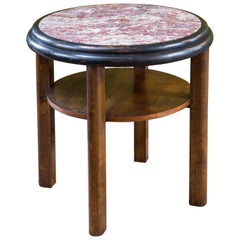 French Round Art Deco Mahogany Side Table with Red Marble Top, circa 1920