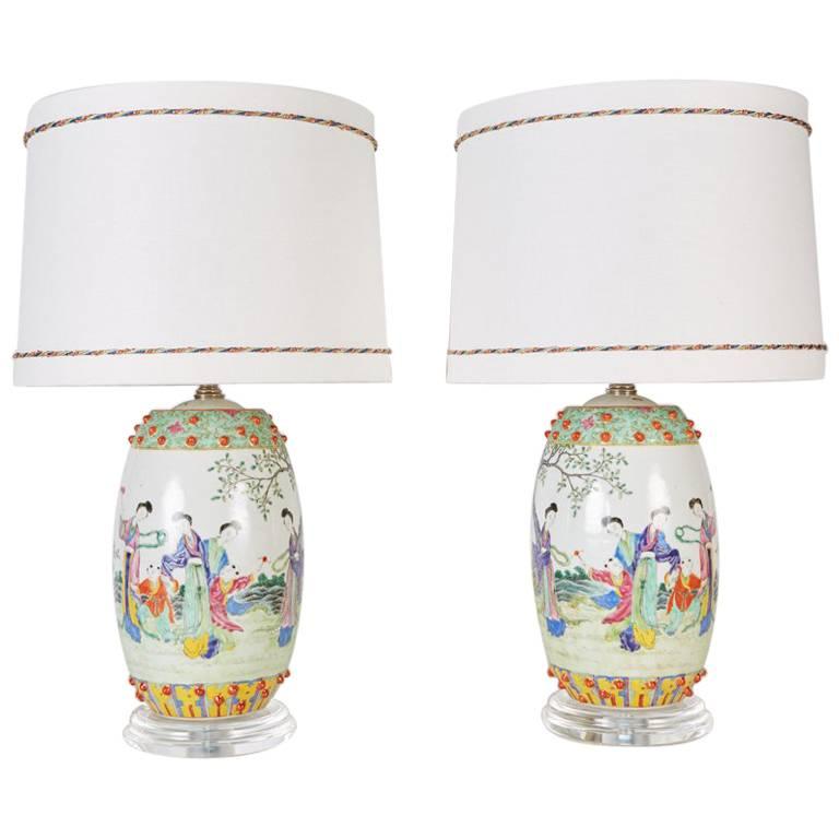 Pair of Chinese Drum Shaped Decorative Porcelains Custom Mounted as Lamps