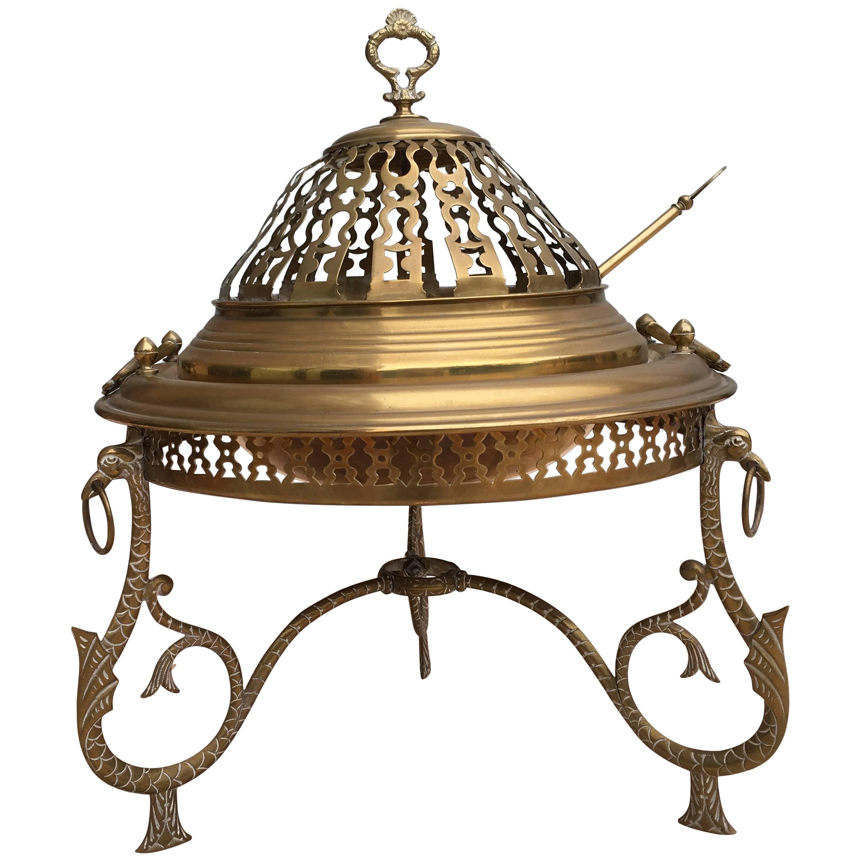 Midcentury Spanish Brass Brazier, Warmer, with Copper Fire Pit and Light